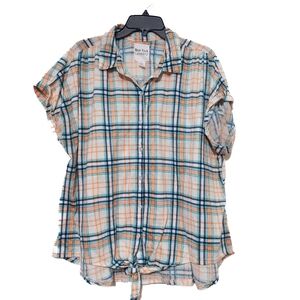 New York Laundry Women's Plaid Button-Down Shirt - Orange and Teal 2X Cute